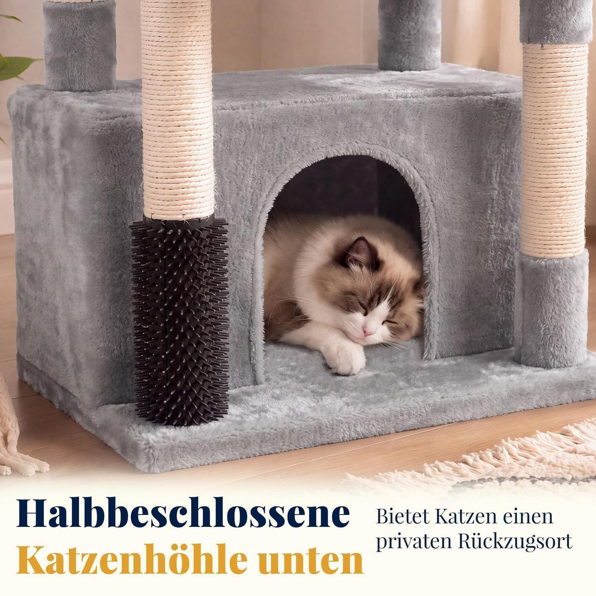 Kratzbaum für große Katzen – Stufen & 2 Körbe – Hellgrau