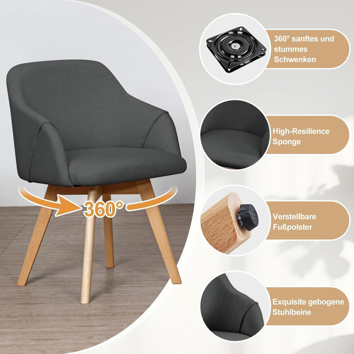 Esszimmerstuhl Set 6er – Gepolstert, Drehbar, Grau & Leinenoptik