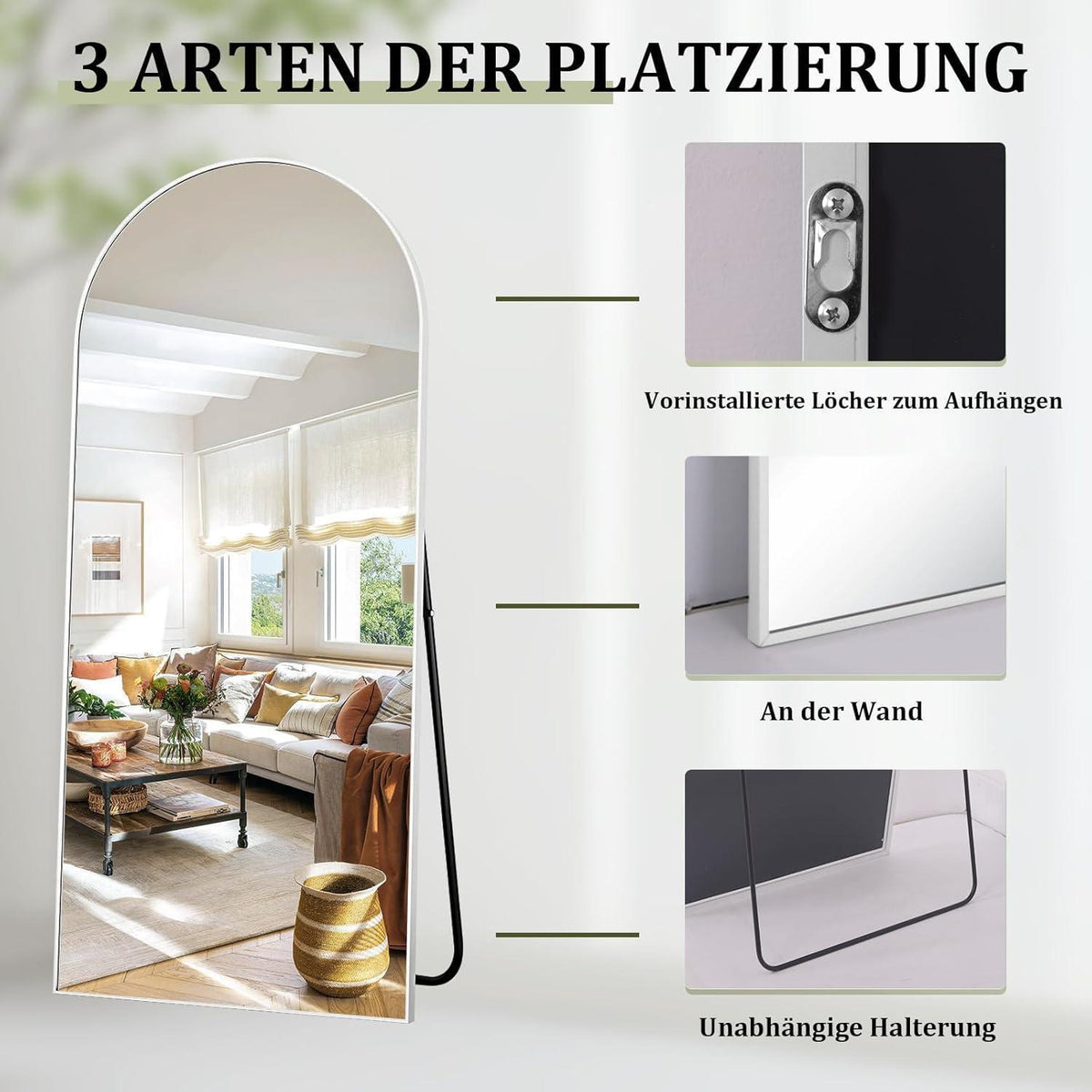 Großer Rundbogen-Ganzkörperspiegel | Stand- & Wandspiegel Weiß