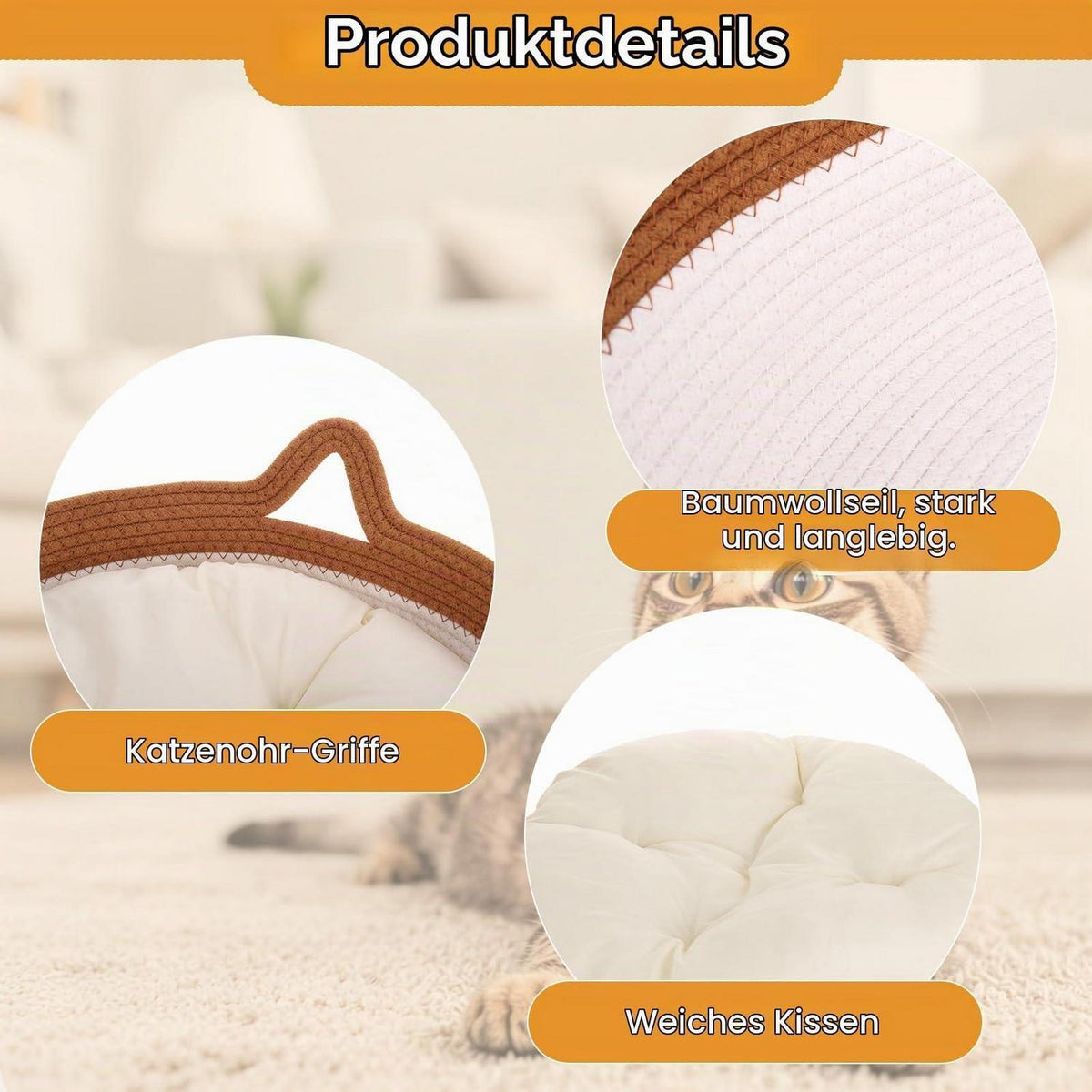 Katzenbett Baumwollseil mit Kissen – Groß & Modern