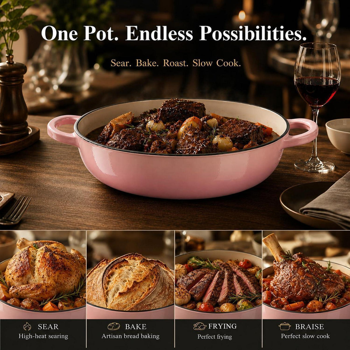 Gusseisen Dutch Oven Rosa | 5,7L Brotbacktopf mit Zubehör