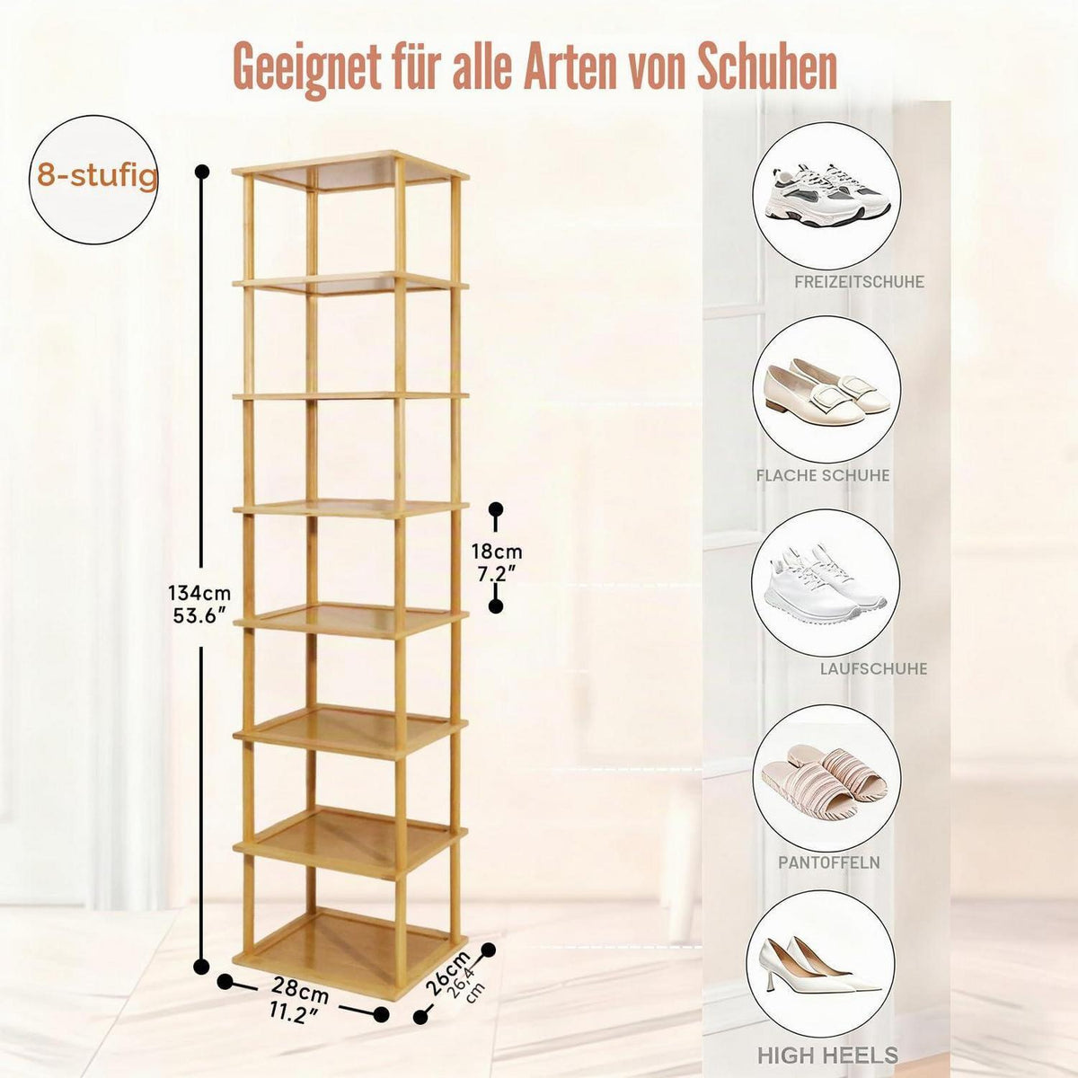 Bambus Schuhregal 8 Etagen – Vertikaler Schuh-Organizer für kleine Räume