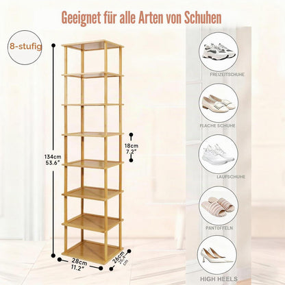 Bambus Schuhregal 8 Etagen – Vertikaler Schuh-Organizer für kleine Räume