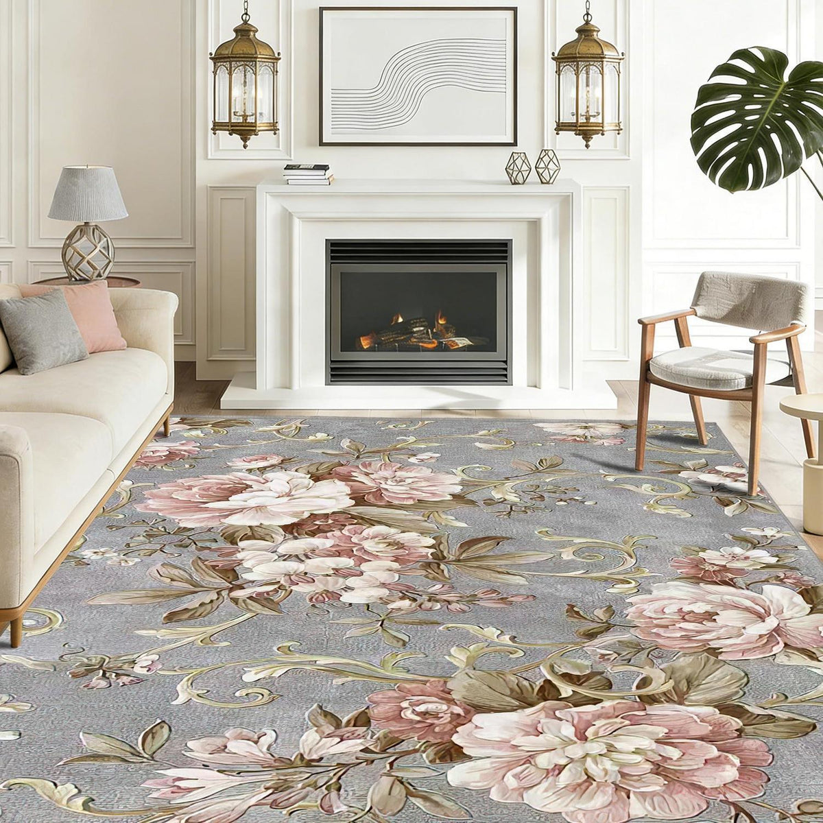 Waschbarer Kurzflor Teppich Vintage Blumen Grau-Rosa 140x210 cm