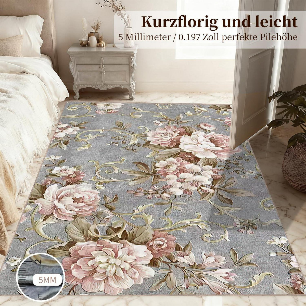 Waschbarer Kurzflor Teppich Vintage Blumen Grau-Rosa 140x210 cm