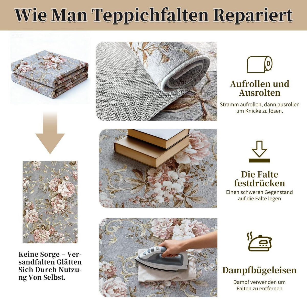 Waschbarer Kurzflor Teppich Vintage Blumen Grau-Rosa 140x210 cm