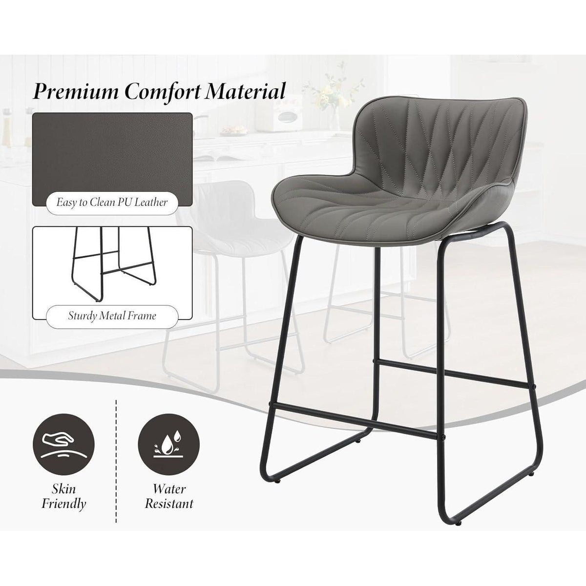 Moderner Barhocker 2er Set Grau – Komfortabler Steppdesign Stuhl