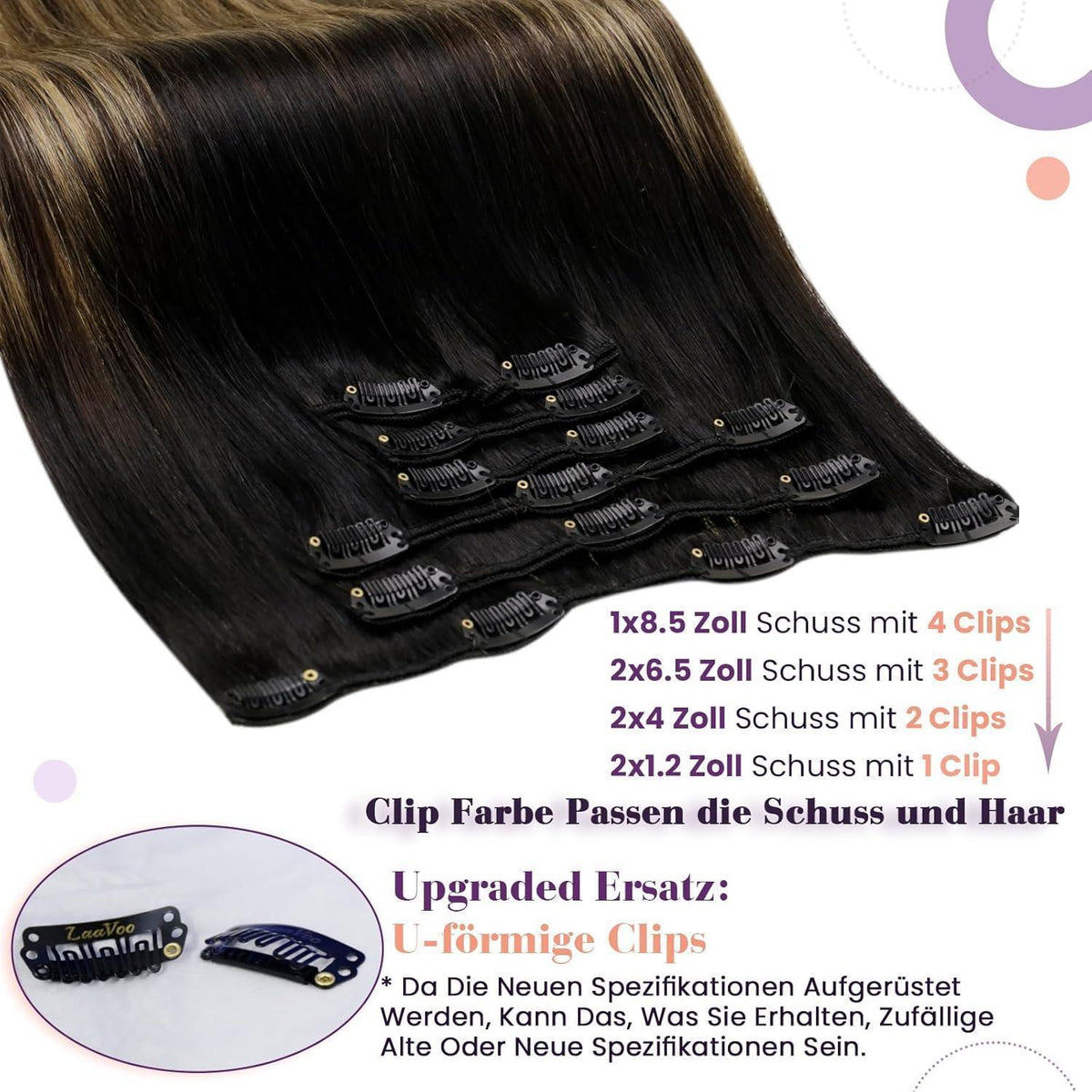 Echthaar Clip-In Extensions Balayage Schwarz Ombre Braun 55cm