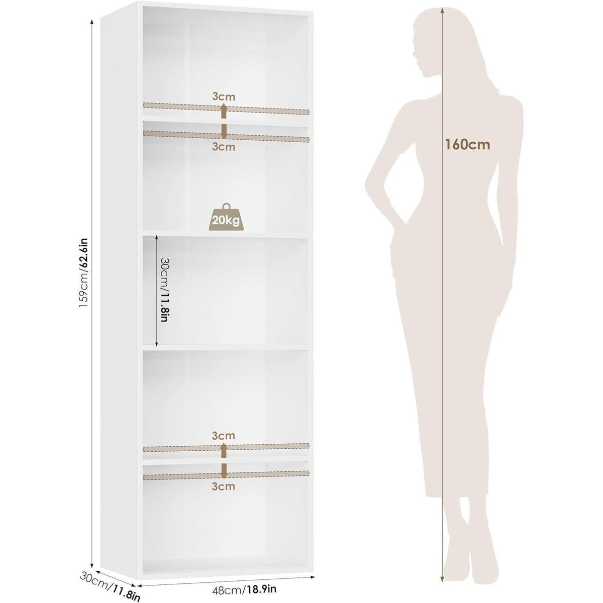 5-Fächers Bücherregal weiß – Modernes Standregal 159cm