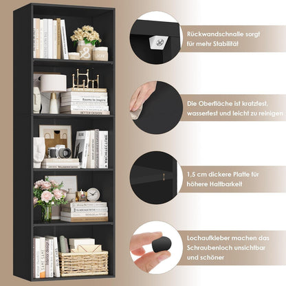 5-Fächers Bücherregal Schwarz – Modernes Standregal 159cm