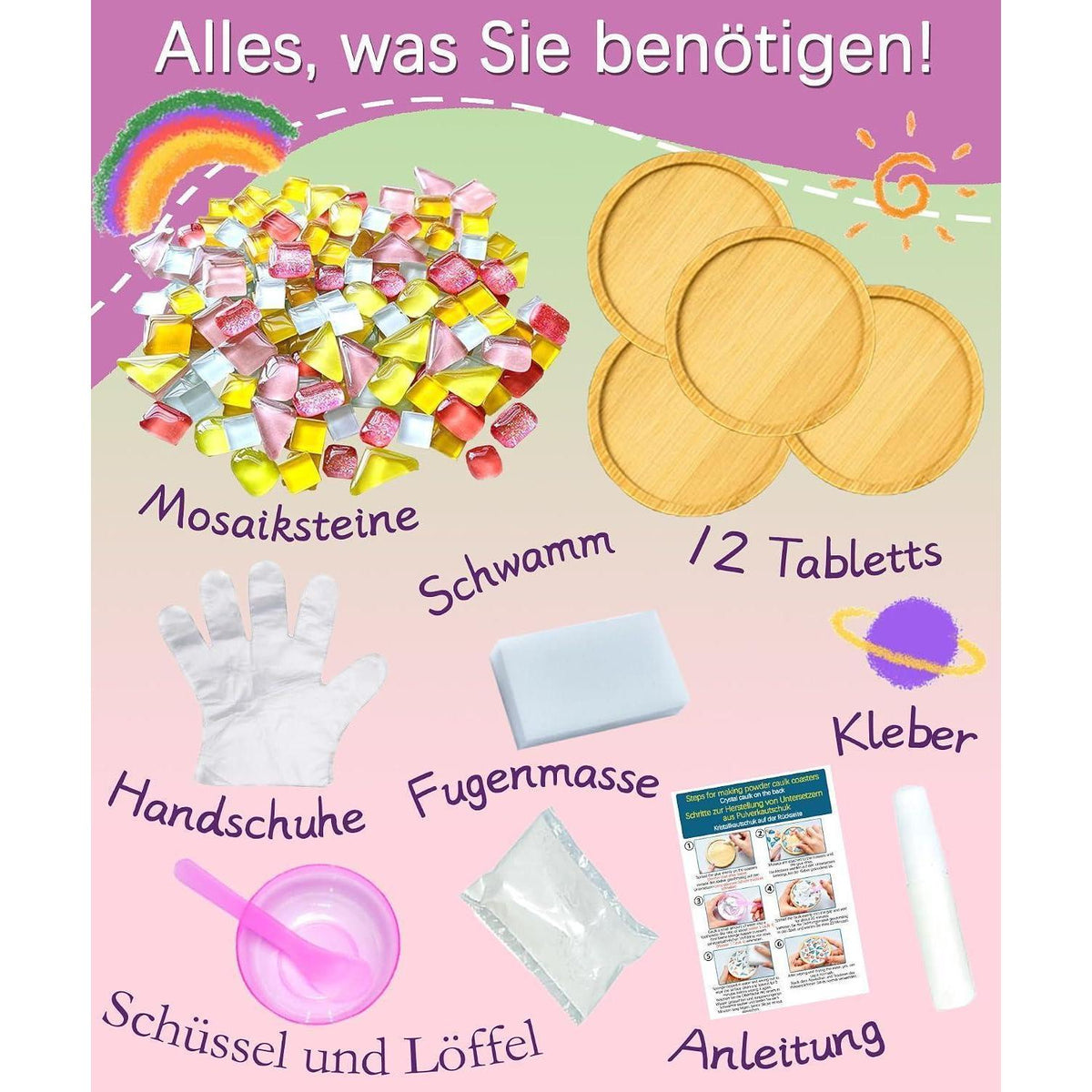 Mosaik Bastelset Kinder – 12 Untersetzer DIY Geschenk