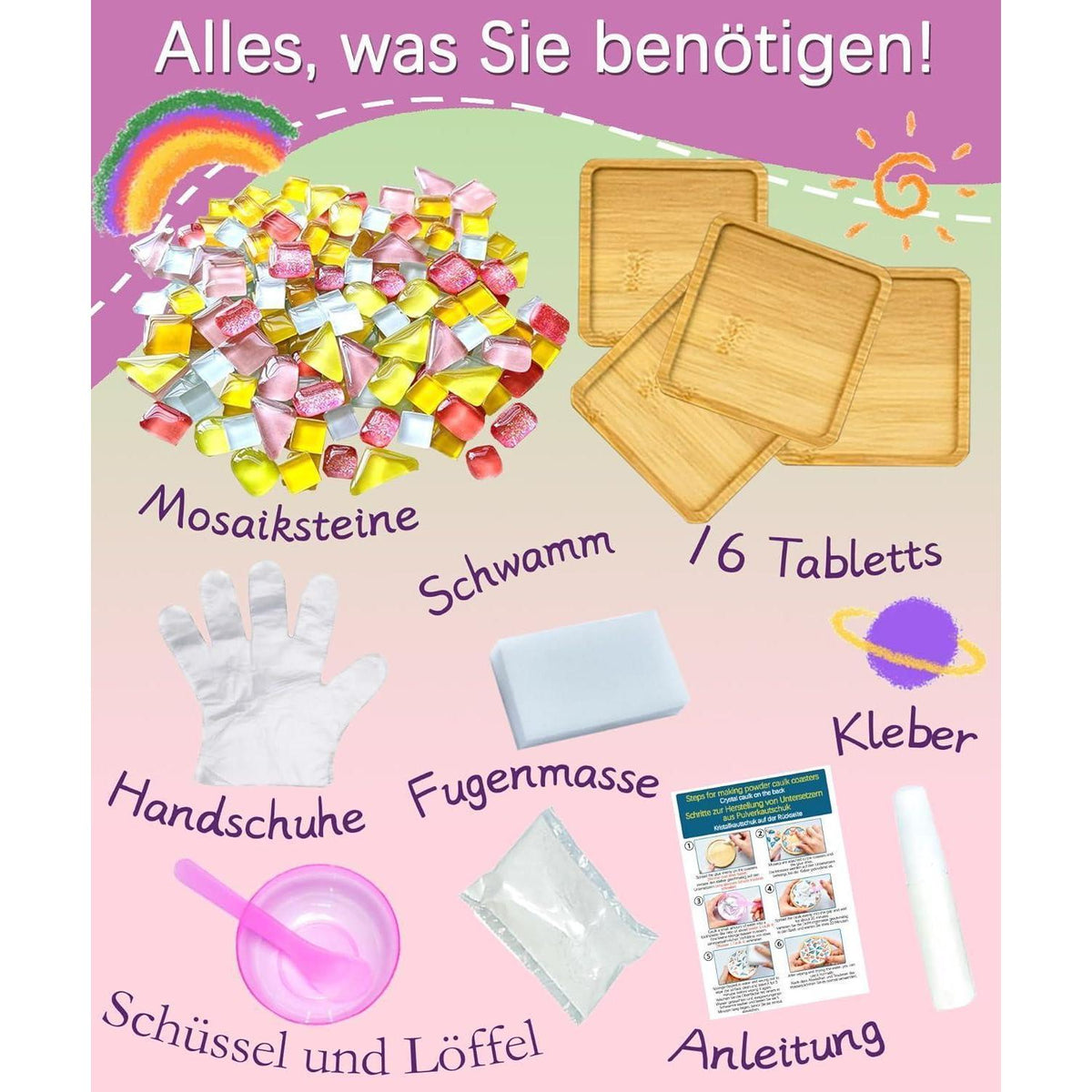 Mosaik Bastelset Kinder – 16 Untersetzer DIY Geschenk
