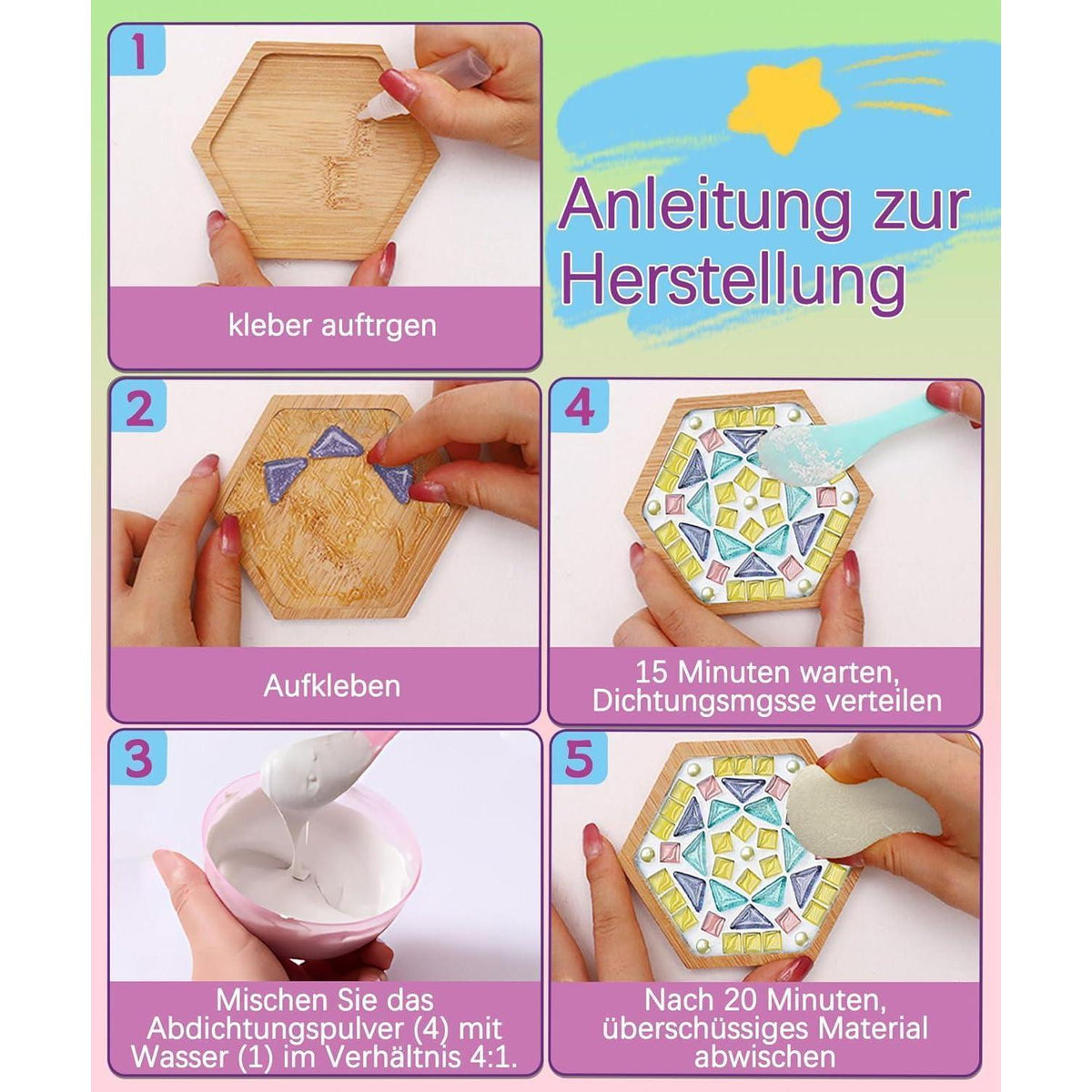 Mosaik Bastelset Kinder – 16 Untersetzer DIY Geschenk