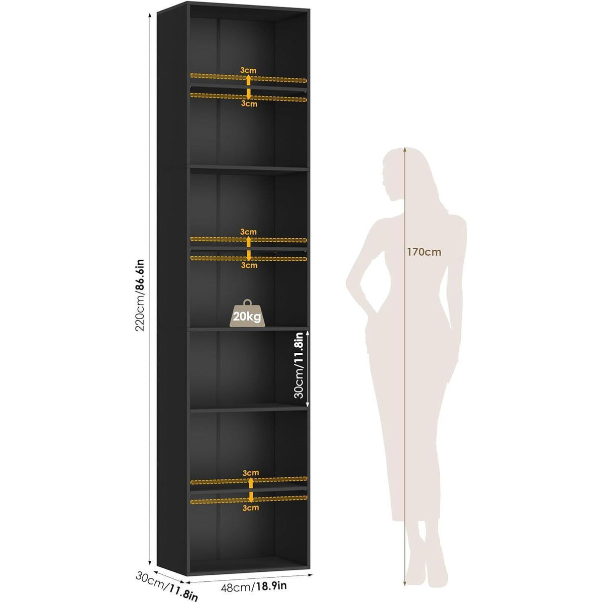 7-Fächiges Bücherregal Schwarz – Modernes Standregal 220cm