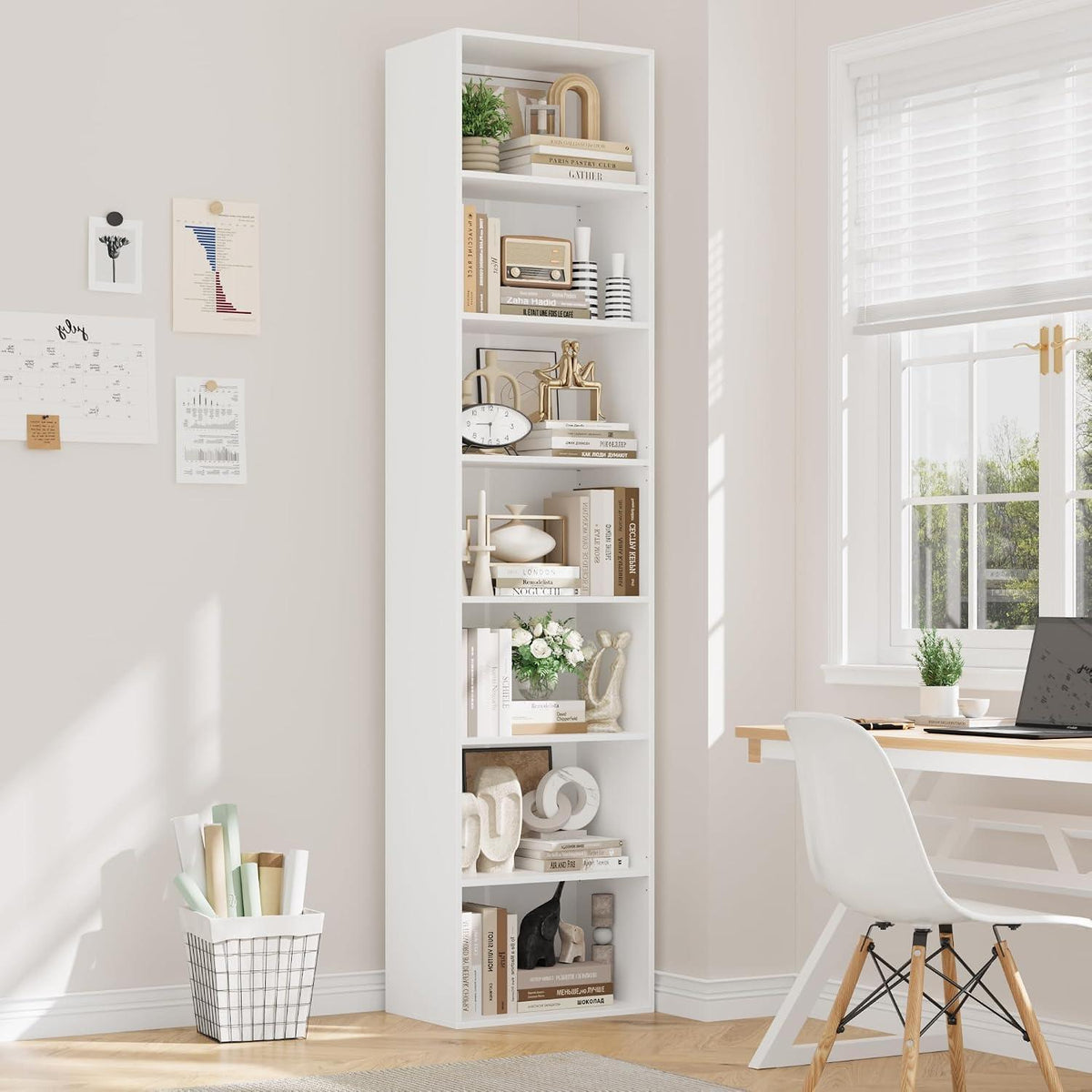 7-Fächriges Bücherregal weiß – 220 cm hoch, modernes Standregal
