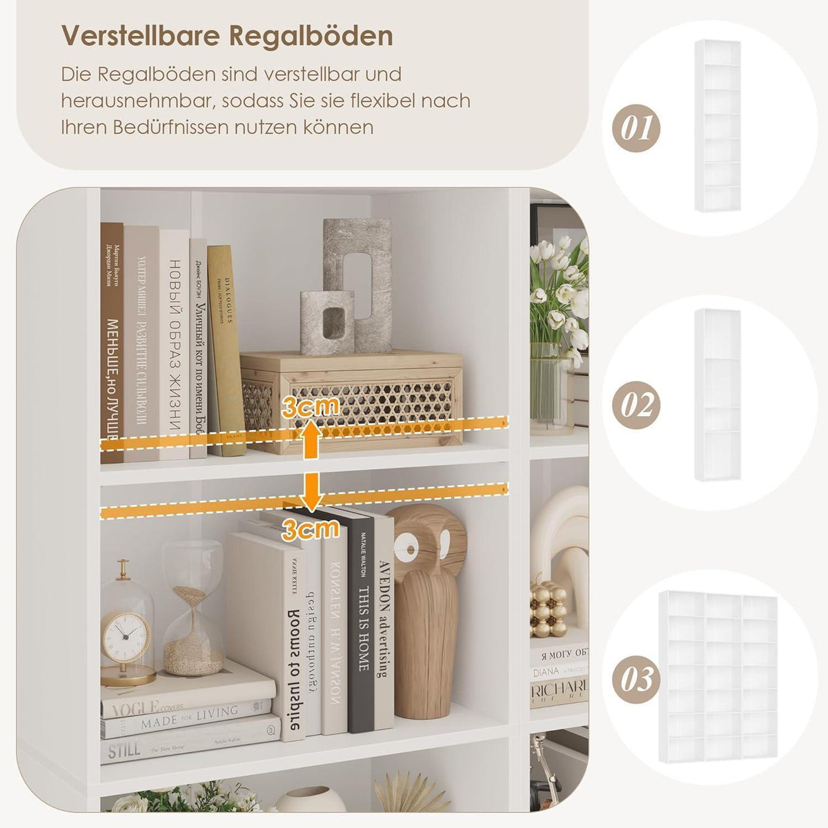 7-Fächriges Bücherregal weiß – 220 cm hoch, modernes Standregal