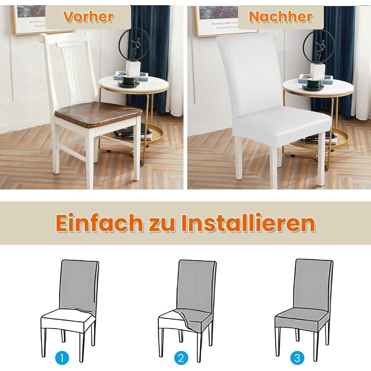 PU Stuhlhülsen 6er Set – Weiß, Wasserabweisend & Elastisch