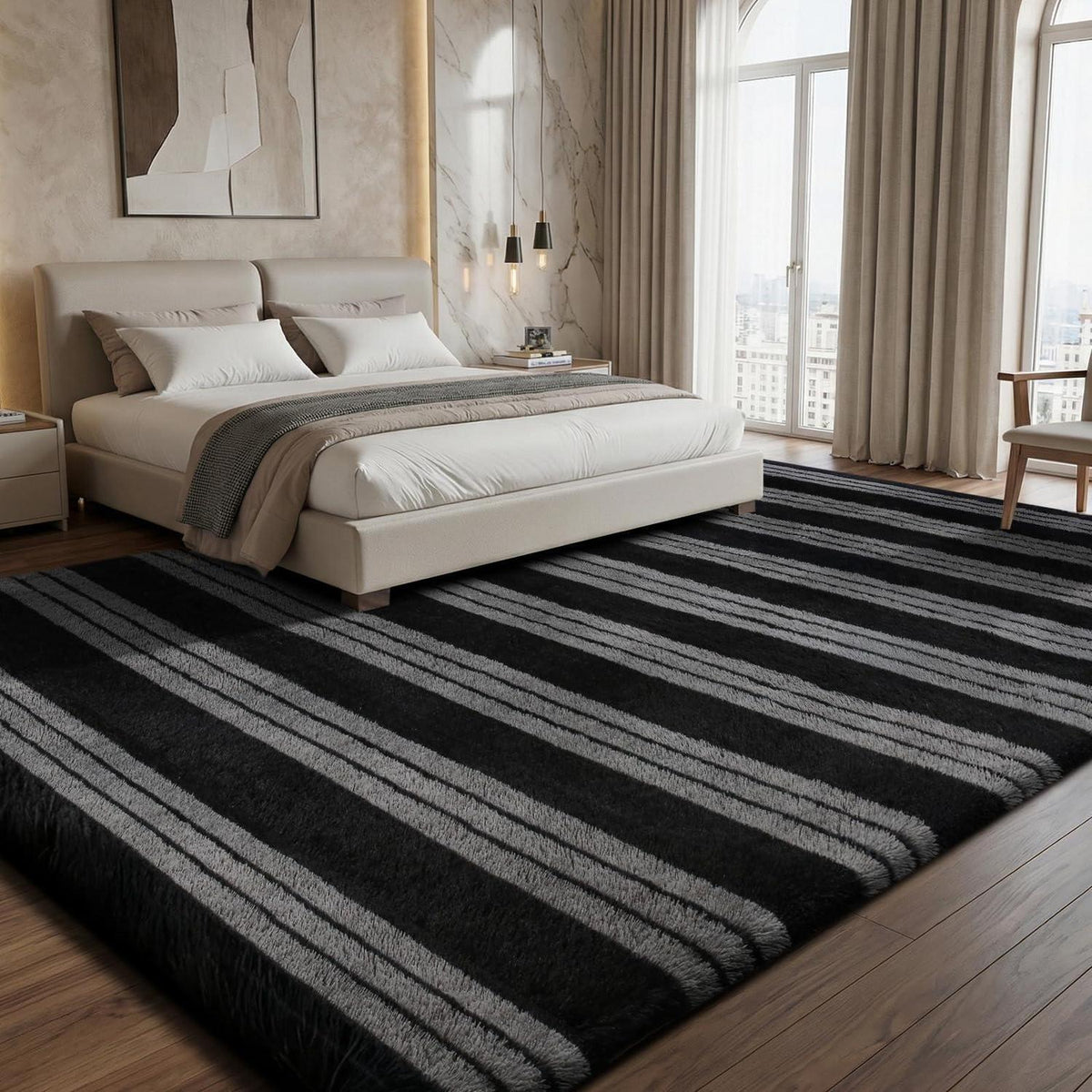 Hochflor Teppich Grau 240x300cm mit Streifen