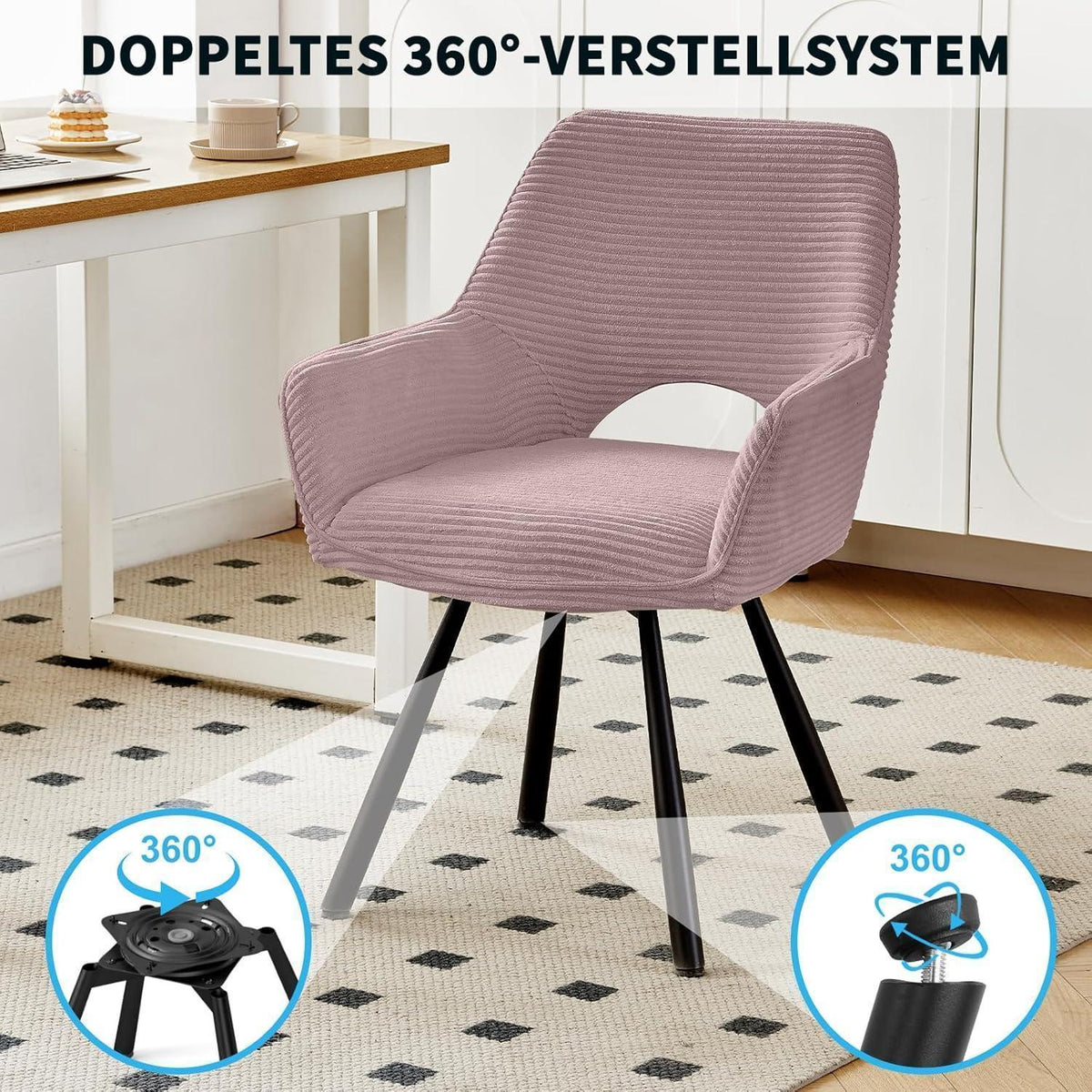 Drehbarer Esszimmerstuhl mit Armlehnen – Rosa