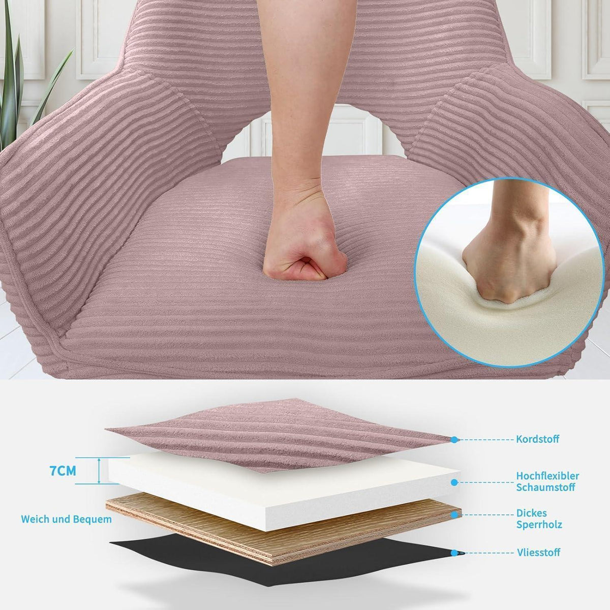 Drehbarer Esszimmerstuhl mit Armlehnen – Rosa