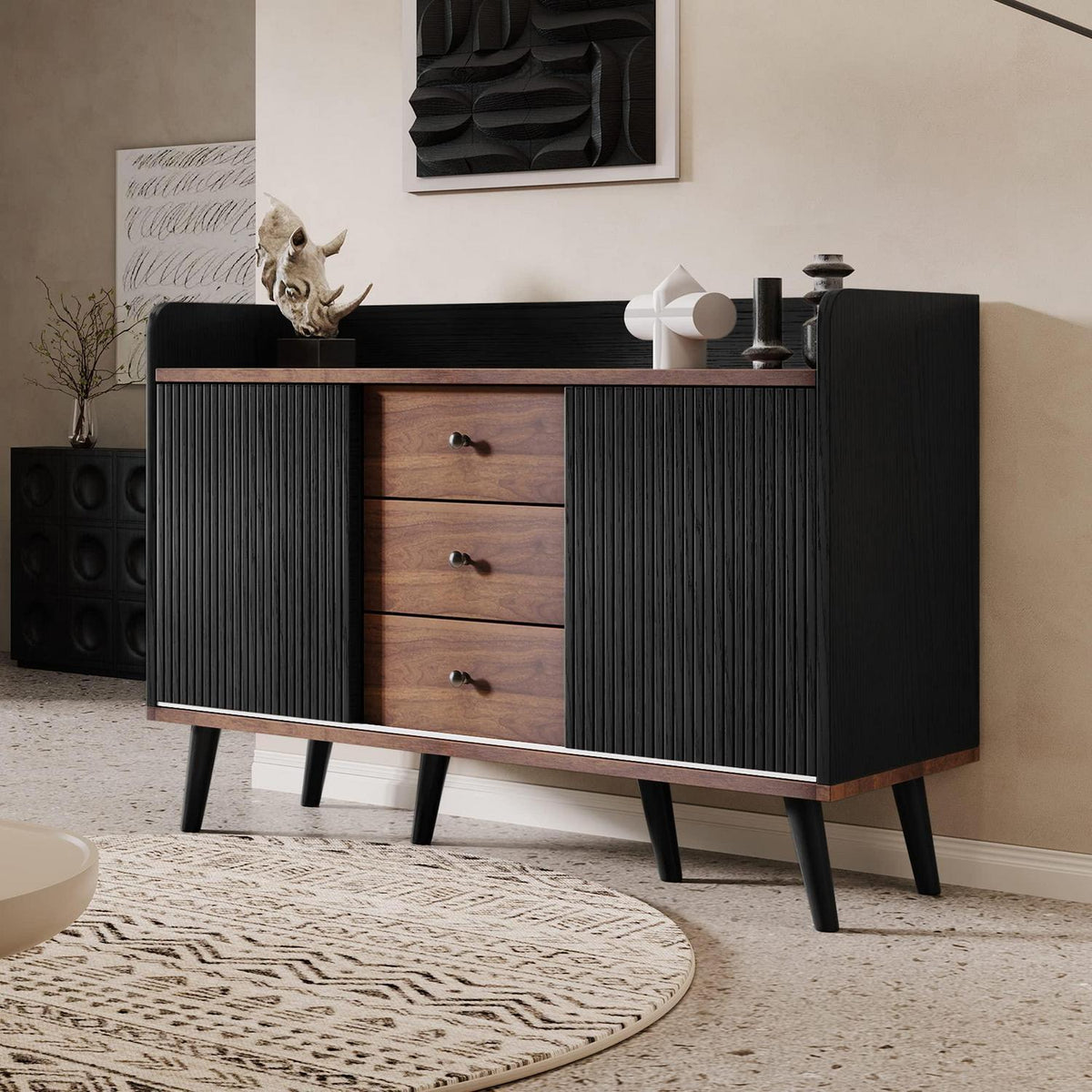 Schiebetüren Kommode Schwarz | Wohnzimmer Sideboard mit 3 Schubladen