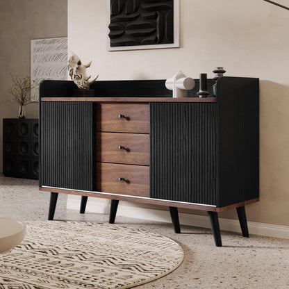 Schiebetüren Kommode Schwarz | Wohnzimmer Sideboard mit 3 Schubladen