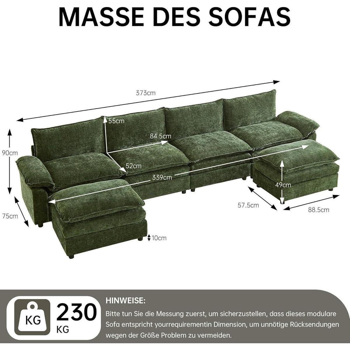 JIEXI Ecksofa mit Schlaffunktion, Grün, 4-Sitzer, U-Form