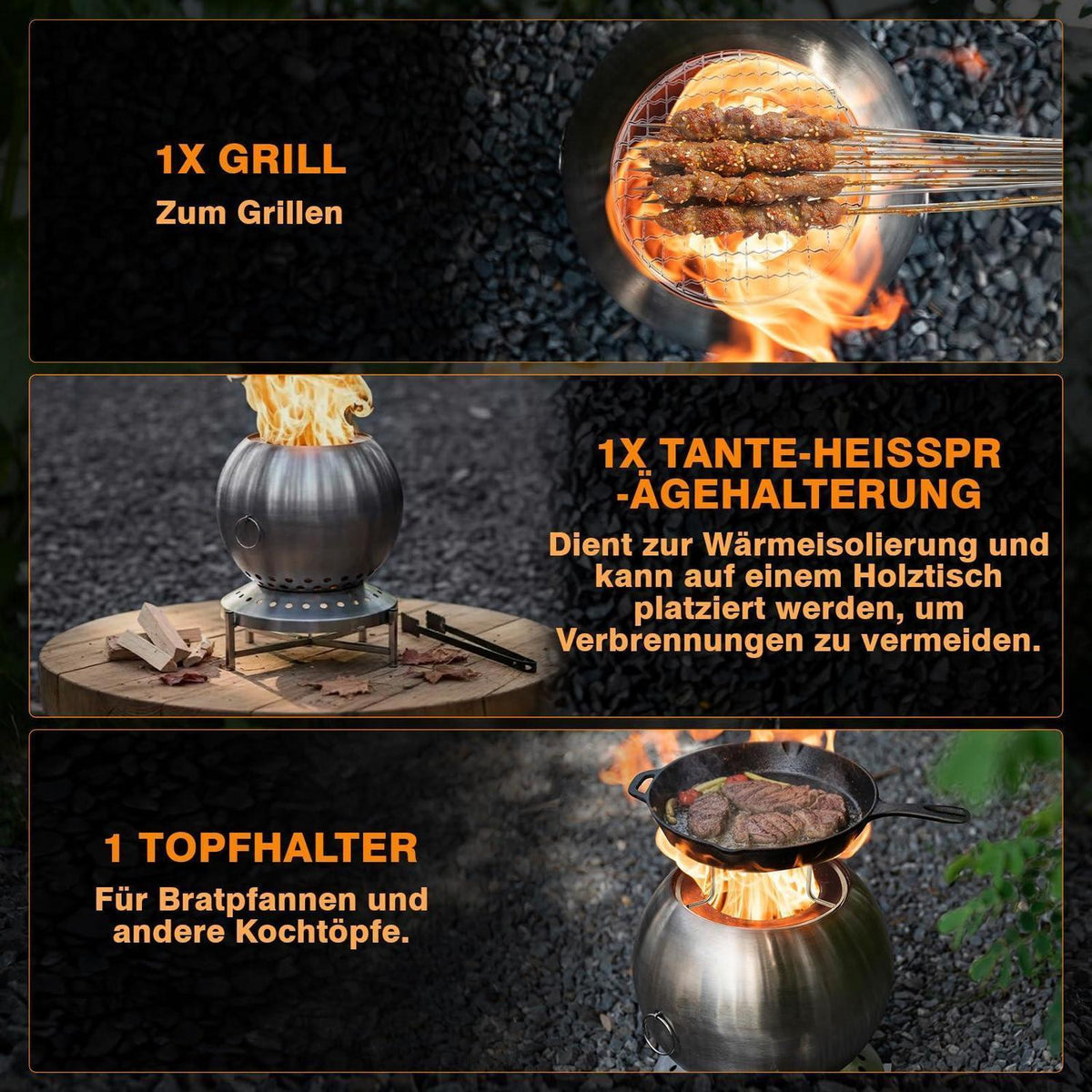 Edelstahl Feuerschale mit Grillrost – Rauchfrei & Vielseitig