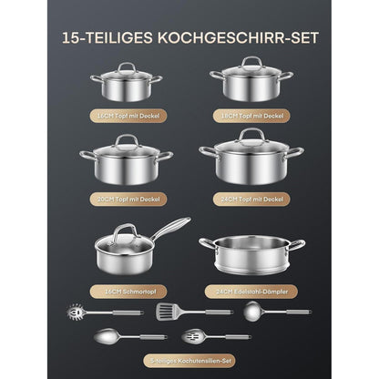 15-tlg Edelstahl Topfset 3-PLY mit Zubehör & Dampfgarer