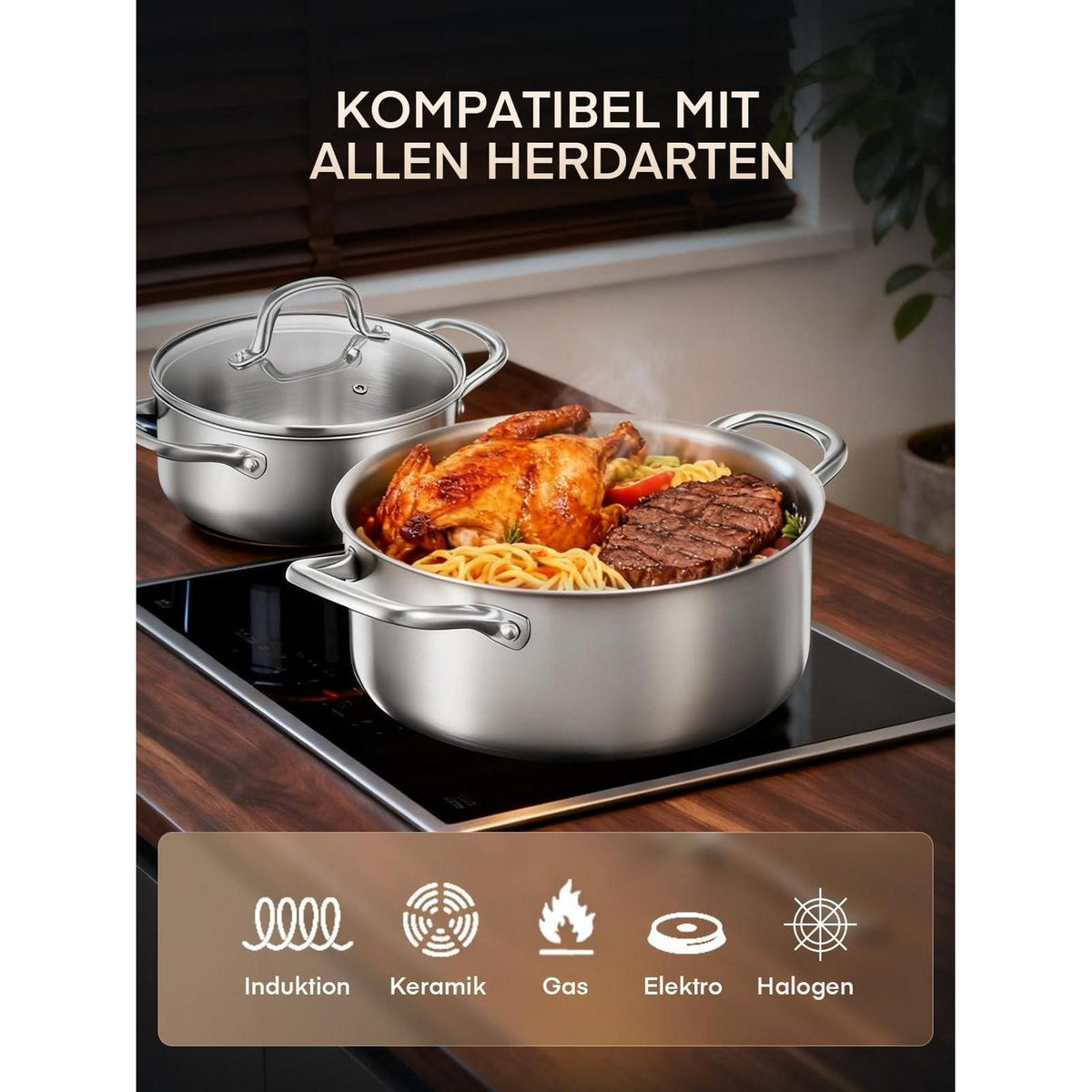 15-tlg Edelstahl Topfset 3-PLY mit Zubehör & Dampfgarer