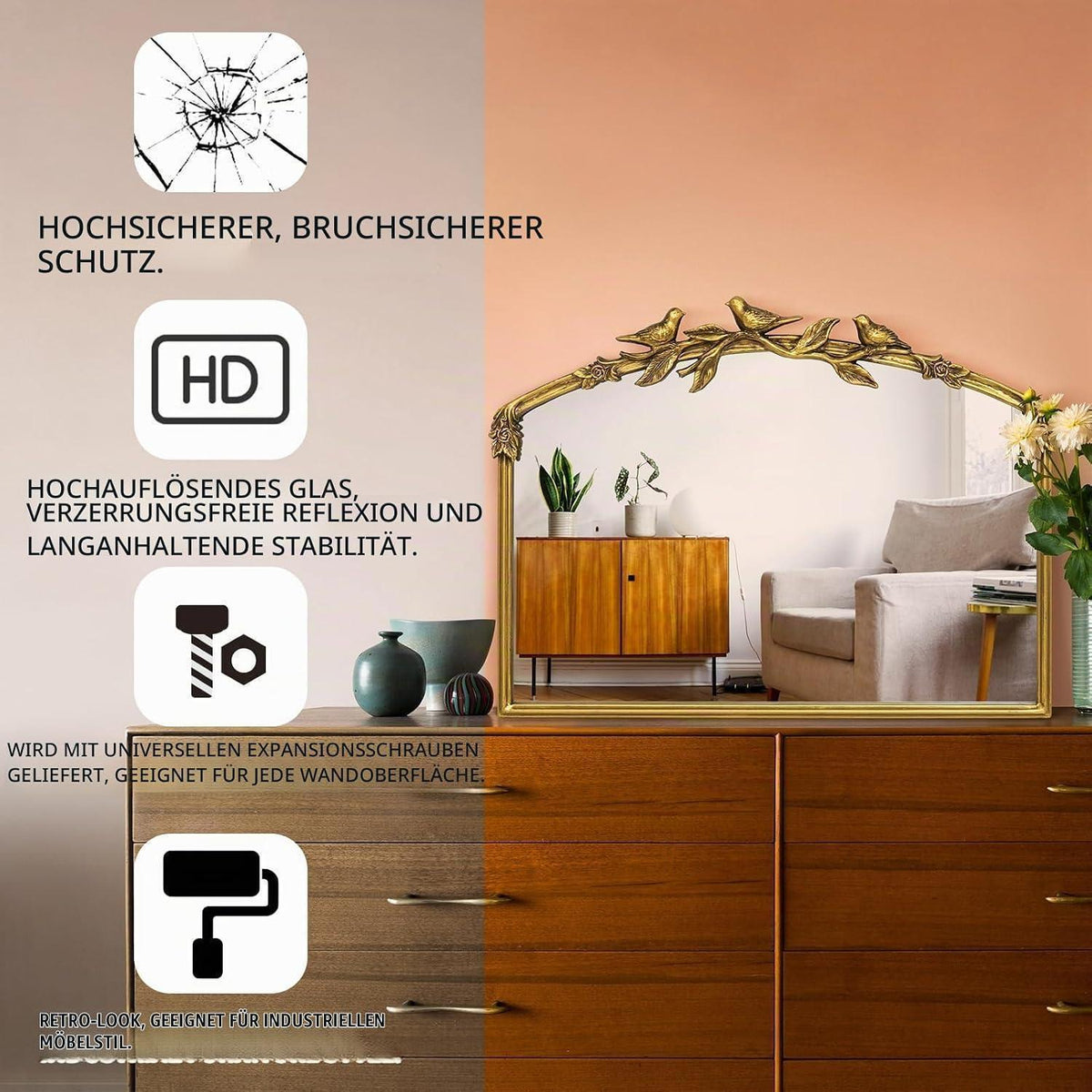 Goldener Barock Spiegel 80x60cm - Vintage Bogen-Wandspiegel mit Eisenrahmen