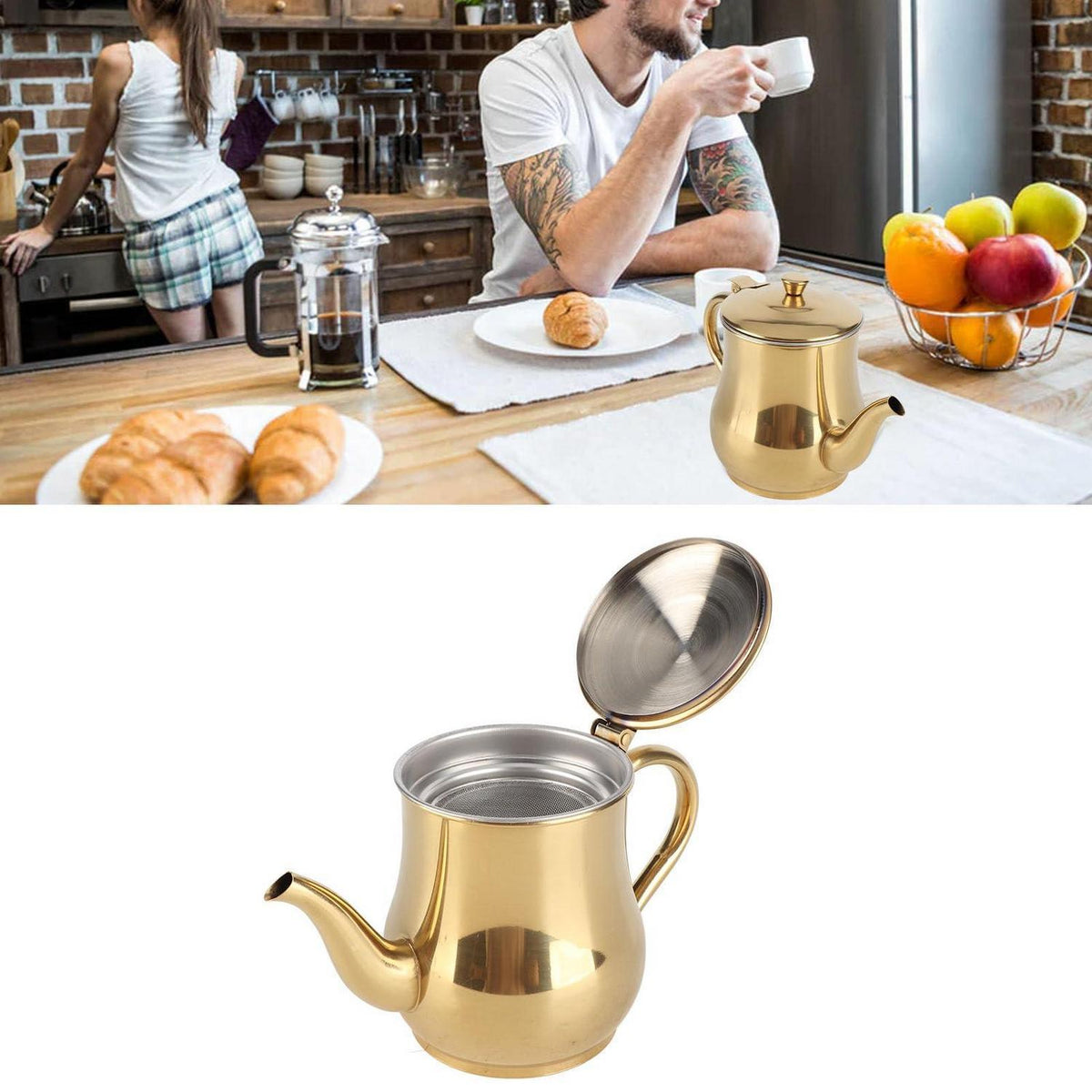 Edelstahl Teekanne 500ml mit Infuser, Gold