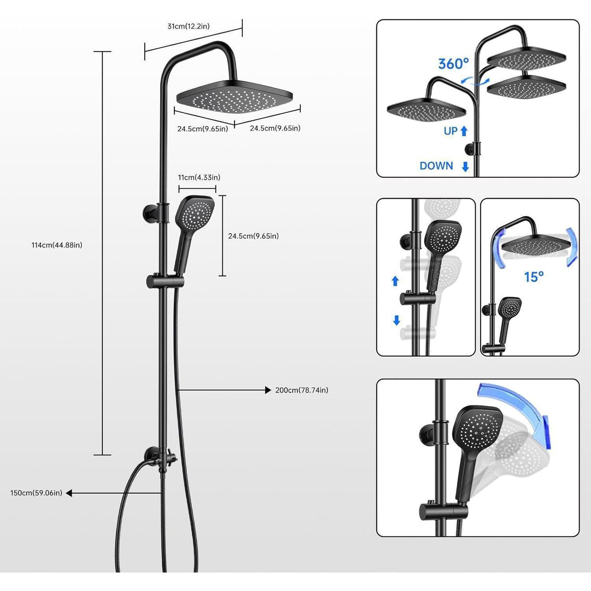 Regendusche Set Matt Schwarz, Höhenverstellbar 79-128cm