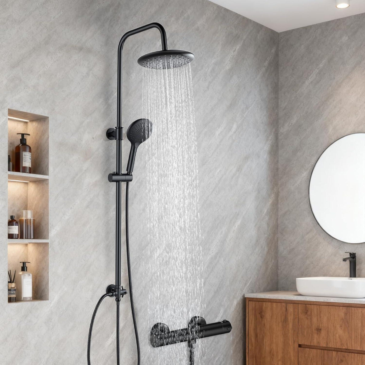 Regendusche Set Matt Schwarz, Höhenverstellbar 79-128cm