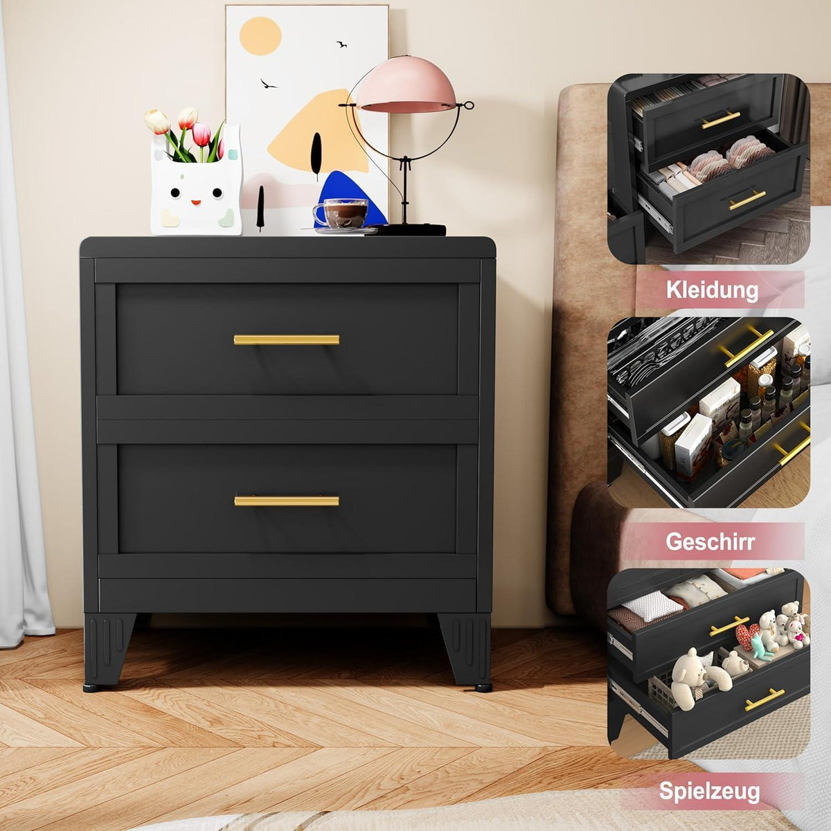 Metallkommode 2 Schubladen Schwarz – Schrank für Schlafzimmer & Flur