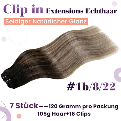 Echthaar Clip-In Haarverlängerung Schwarz Ombre Braun Blond
