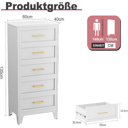 Hoche Kommode 135cm | 5 Schubladen, Weiß | Schlafzimmer & Büro
