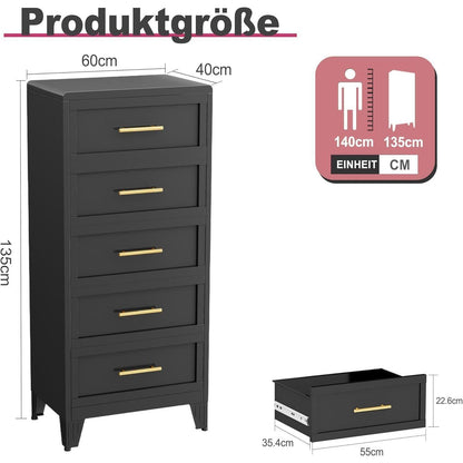 Hoche Kommode 135cm | 5 Schubladen, Schwarz | Multifunktions-Schrank