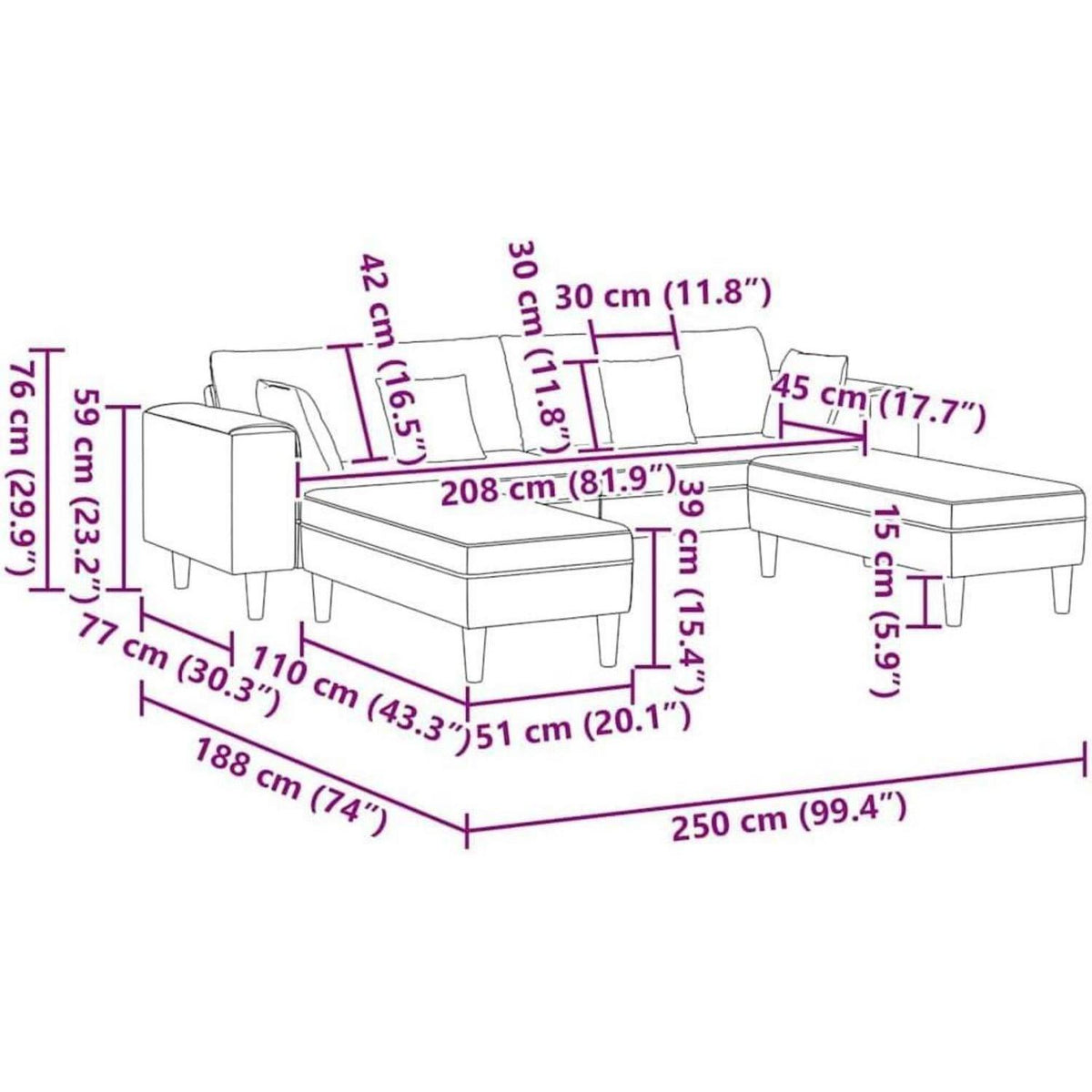 Samt Polstersofa mit Ottomane Schwarz 208 cm