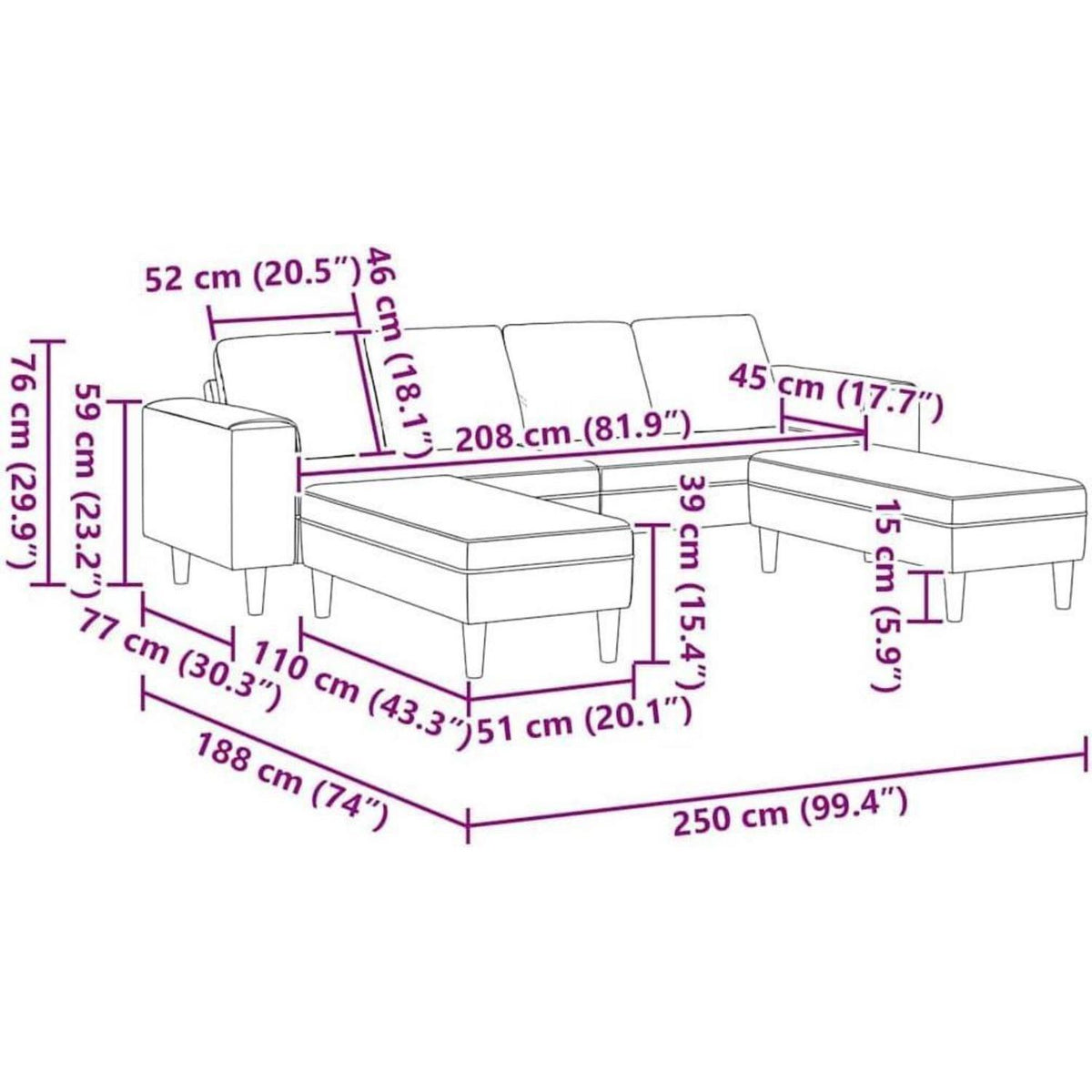 Modernes Samt Sofa Schwarz – 3-teilig mit Ottomane