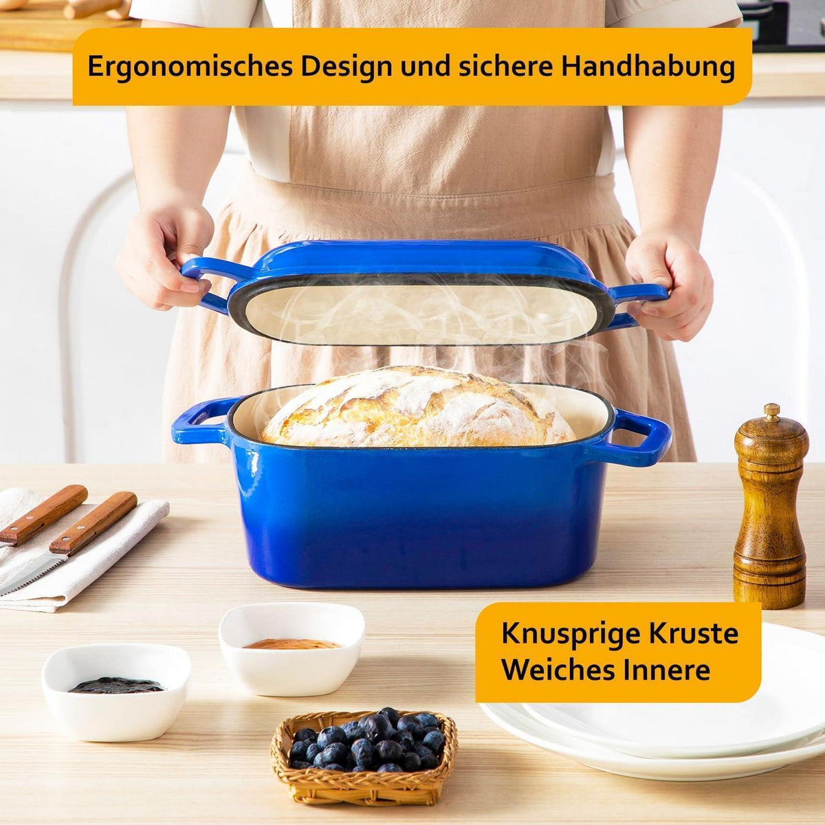 Gusseisen Bräter mit Deckel – 28cm, 3,4L, Schwarz Blau