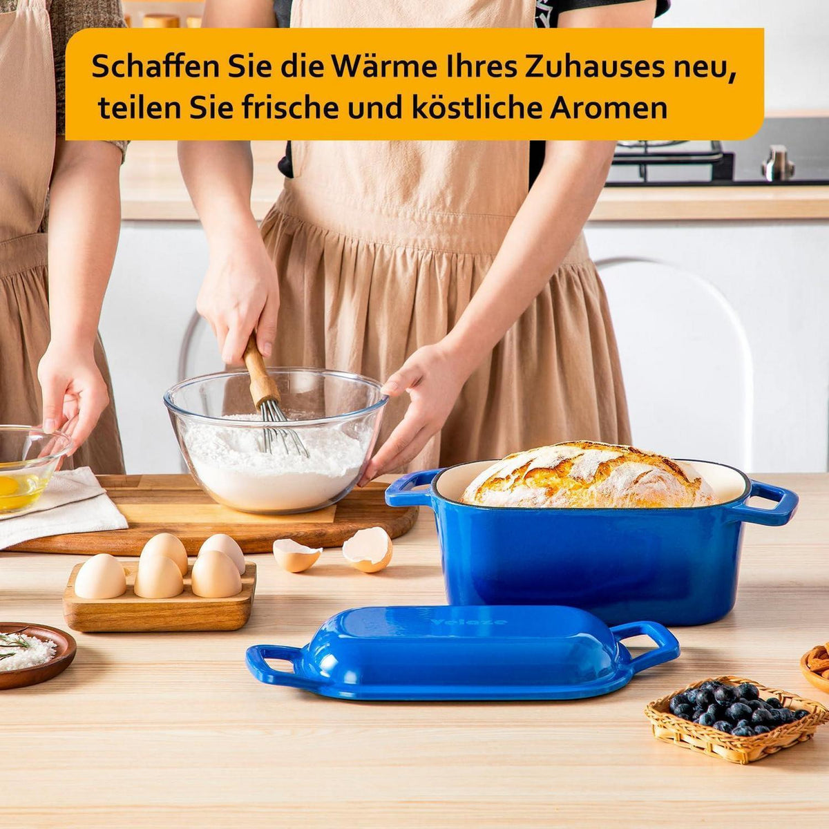 Gusseisen Bräter mit Deckel – 28cm, 3,4L, Schwarz Blau