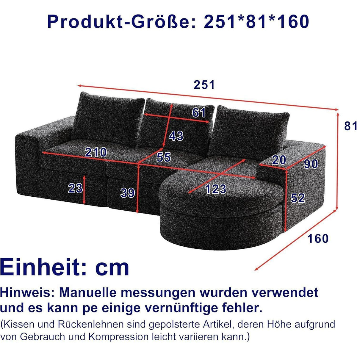 Modulares Ecksofa mit Chaiselongue Schwarz 251x160x81cm