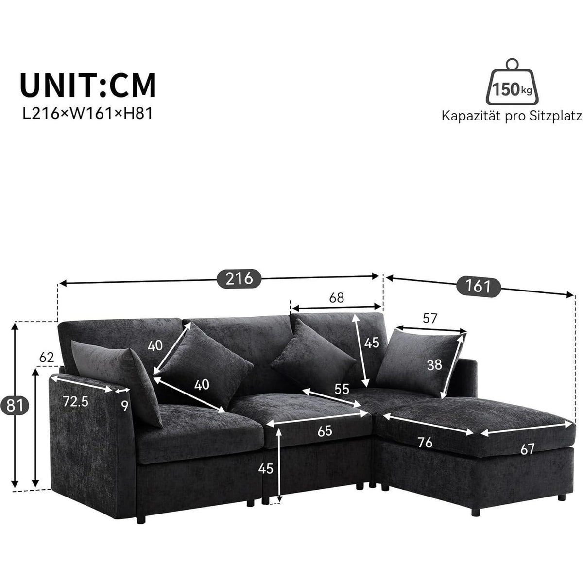 3-Sitzer Sofa mit Fußhocker & Schlaffunktion, Grau