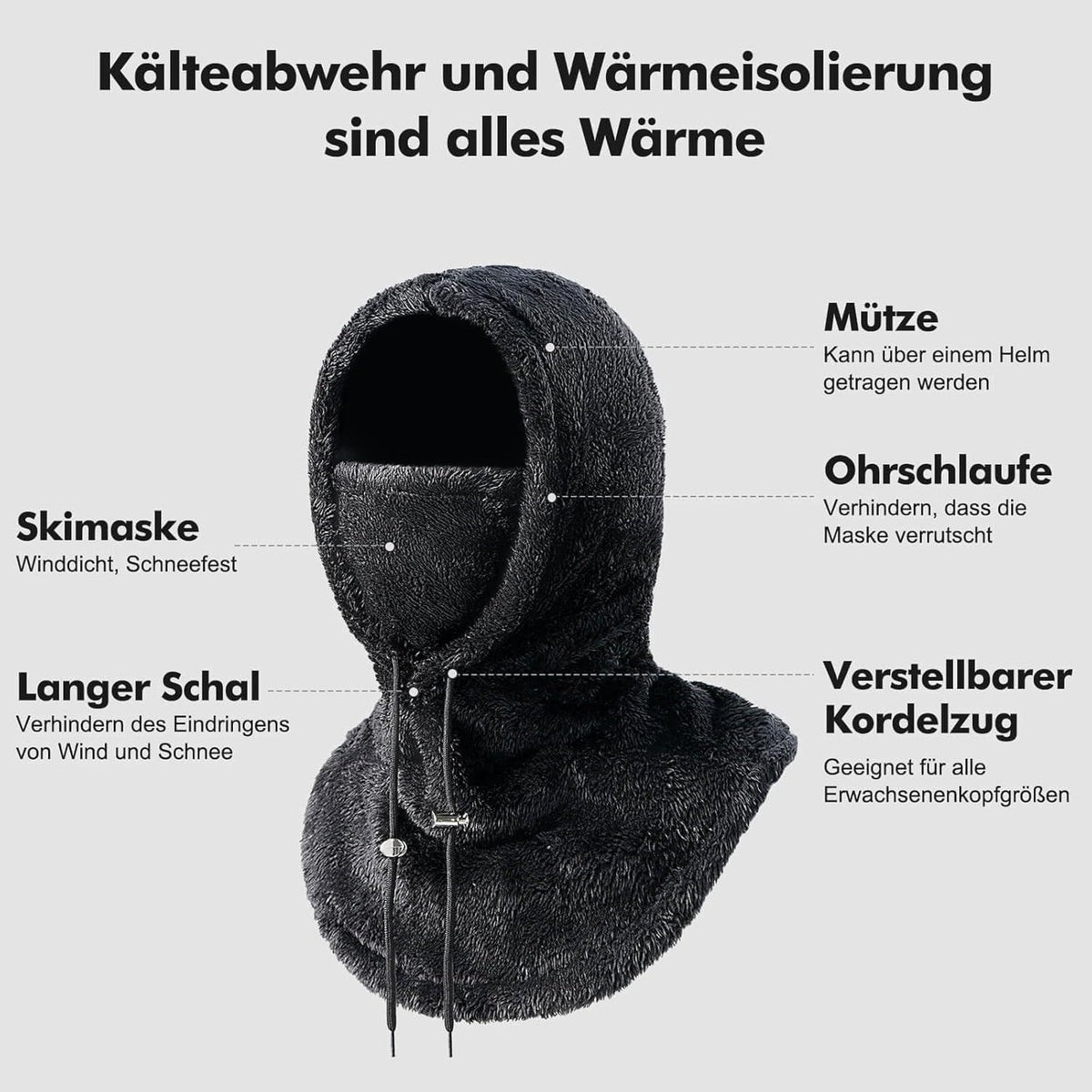 Sturmhaube Winter Damen Herren Fleece Balaclava Thermo Skimütze Schwarz