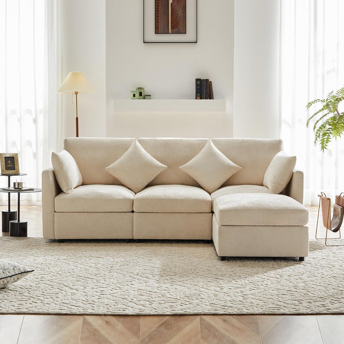 3-Sitzer Sofa mit Fußhocker & Schlaffunktion, Beige