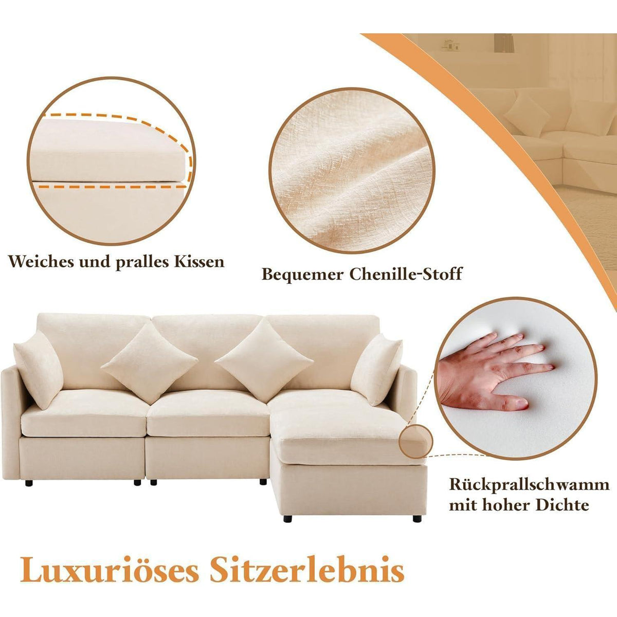 3-Sitzer Sofa mit Fußhocker & Schlaffunktion, Beige