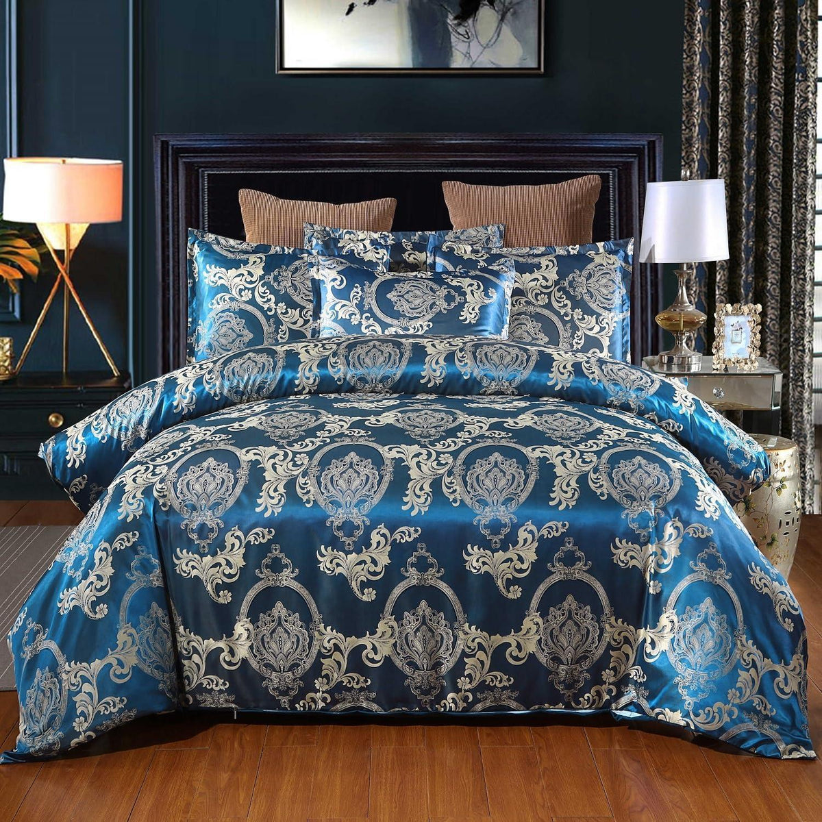 Satin Bettwäsche Set 200x200 Blau – 3tlg. Retro Luxus