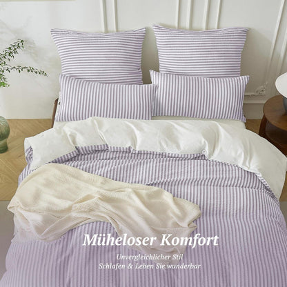 Bettwäsche-Set 135x200 Baumwolle Gestreift Violett & Weiß 4tlg.