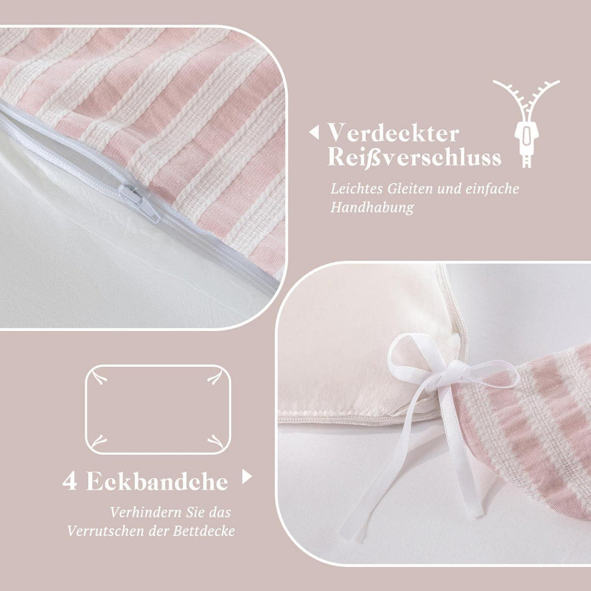 Bettwäsche-Set 135x200 Baumwolle Gestreift Rosa & Weiß 4tlg.